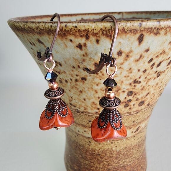 Earthy Orange Bell‎ Flower, Leverback Earrings, Beautiful Fall Flower Earrings - Picture 2 of 7